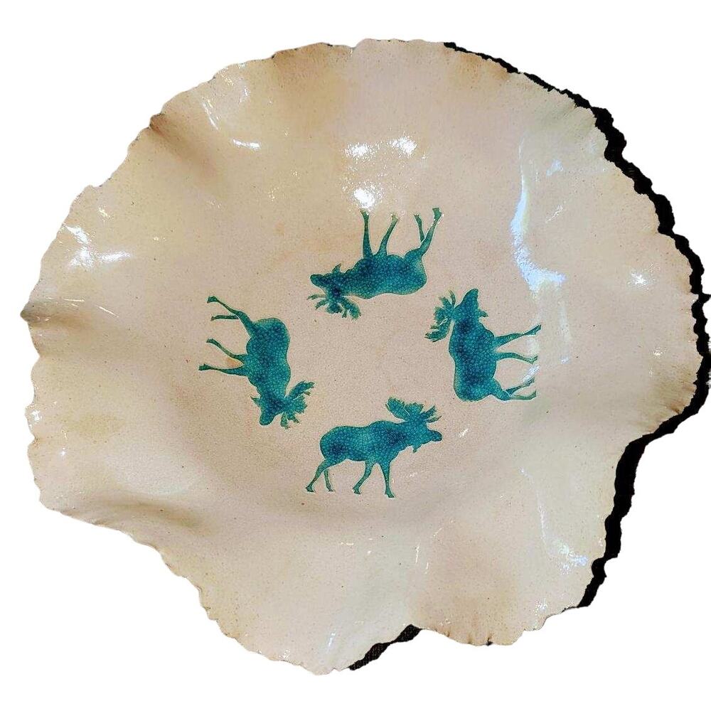 Unique Studio Pottery Bowl Moose Stencil Rough Scalloped Edge White Green 11 in.
